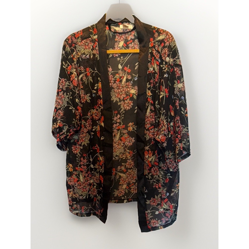 Mudd Kimono Duster Women One Size Black Orange Boho Layering Sheer Lagenlook Y2K